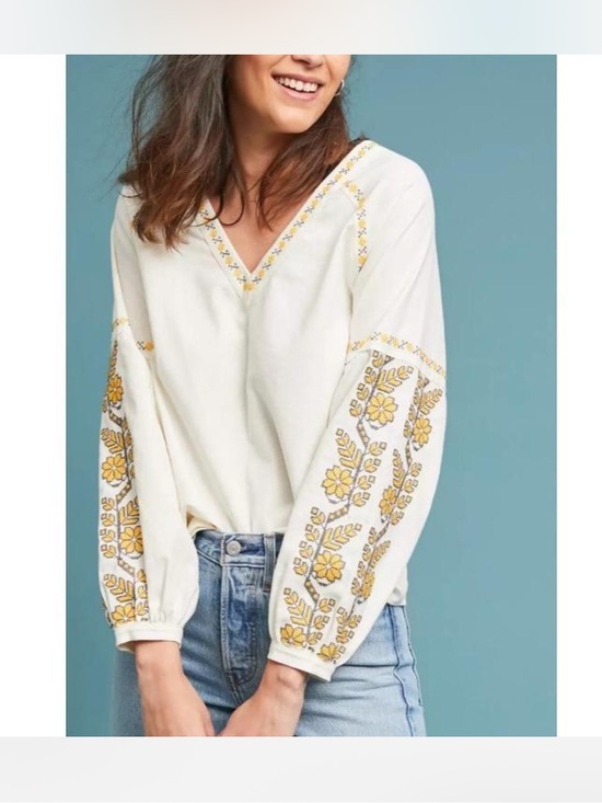 Central Park West Tops - Anthropologie Yellow Embroidered Boho Blouse
